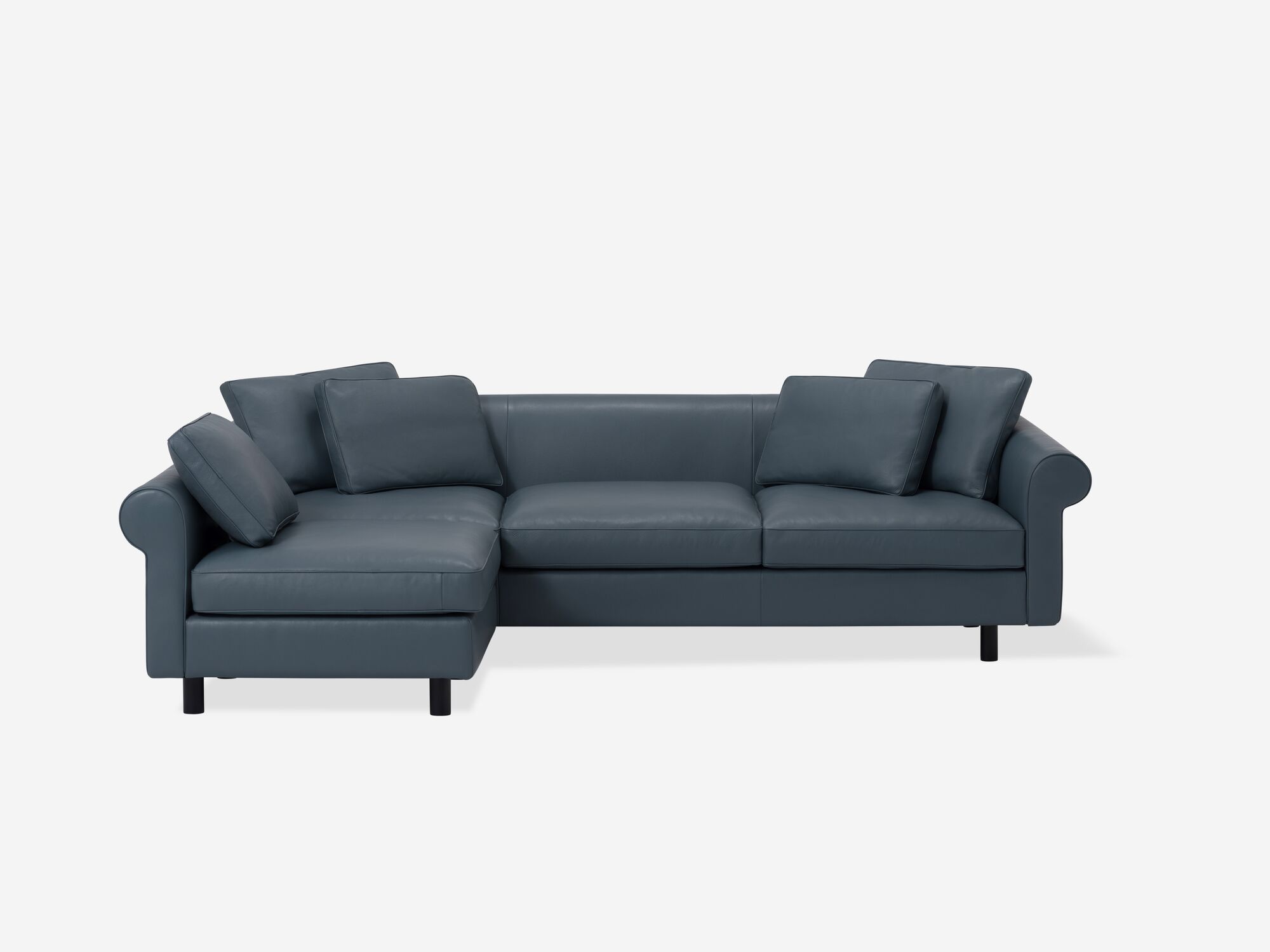 Blue leather left hand facing sectional sofa front view